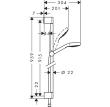Technische Zeichnung einer Brausestange mit Maßangaben