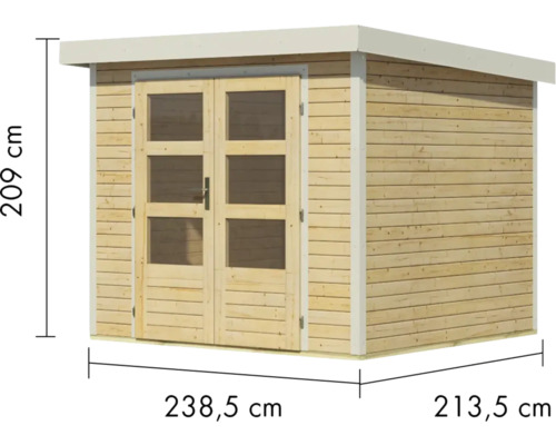 Gartenhaus aus Holz mit Doppeltür und Maßangaben