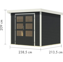 Gartenhaus mit Doppeltür und Maßangaben: 209 cm Höhe, 238,5 cm Breite, 213,5 cm Tiefe.