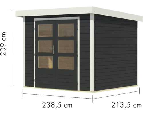 Gartenhaus mit Doppeltür und Maßangaben: 209 cm Höhe, 238,5 cm Breite, 213,5 cm Tiefe.