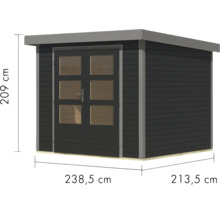 Abbildung eines Gartenhauses mit den Maßen 209 cm Höhe, 238,5 cm Breite und 213,5 cm Tiefe.