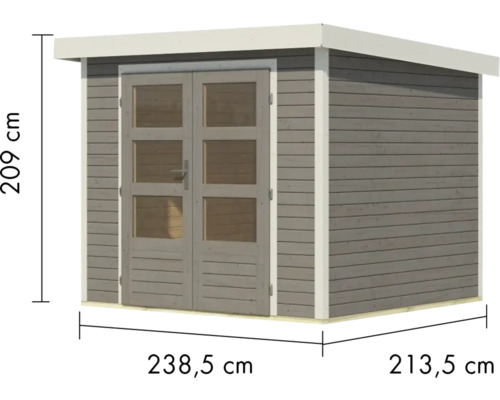 Gartenhaus mit Doppeltür und den Maßen 238,5 cm mal 213,5 cm mal 209 cm