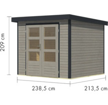 Gartenhaus aus Holz mit Doppeltür und Maßangaben