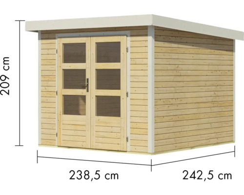Holzgartenhaus mit Doppeltür und Maßangaben