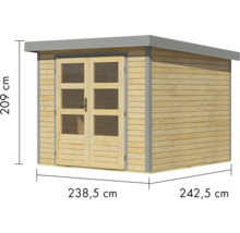 Abri de jardin en bois avec double porte et dimensions de 238,5 x 242,5 x 209 centimètres