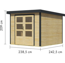 Abri de jardin en bois avec porte double et indications de mesure