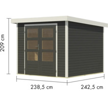 Abri de jardin en bois avec double porte et encadrements de fenêtres, ainsi que les dimensions de la hauteur, de la largeur et de la profondeur