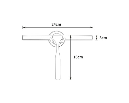Abbildung eines Fensterabziehers mit den Maßen 24 cm Breite, 3 cm Höhe und 16 cm Länge.