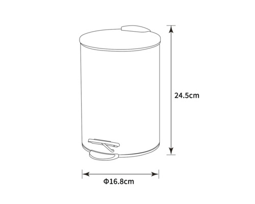 Schéma technique d''une poubelle à pédale avec des dimensions de 24,5 cm de hauteur et 16,8 cm de diamètre