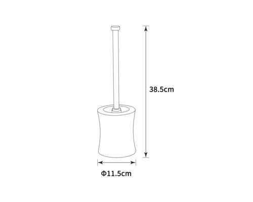 WC-Bürste mit Halterung und Maßangaben: Höhe 38,5 cm, Durchmesser 11,5 cm.