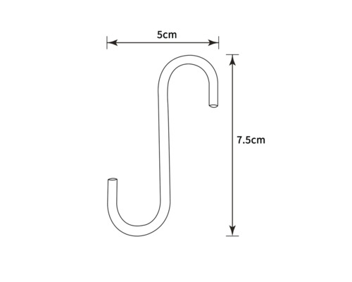 Technische Zeichnung eines S-Haken mit den Maßen 5 cm Breite und 7,5 cm Höhe.
