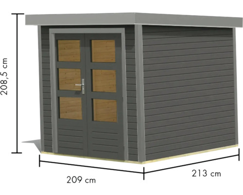 Gartenhaus aus Holz mit Doppeltür und den Maßen 208,5 x 209 x 213 cm