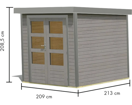 Abri de jardin en bois avec double porte et indications de taille