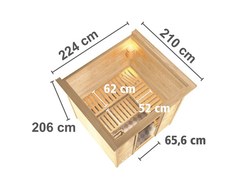 Abmessungen einer Holzsauna: 224 cm x 210 cm, Höhe 206 cm