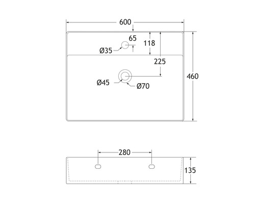 Technische Zeichnung eines Waschtisches mit Maßangaben