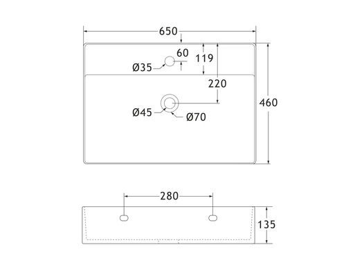 Technische Zeichnung eines Waschtischs mit Maßangaben