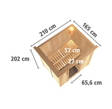 Dimensions du sauna de jardin : hauteur de 202 cm, largeur de 165 cm et profondeur de 210 cm.