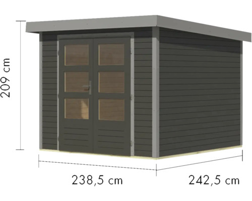 Abmessungen eines Gartenhauses aus Holz mit Doppeltür und Fenster