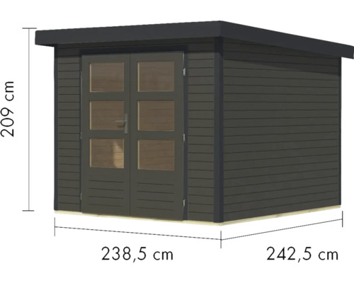 Abbildung eines Gerätehauses aus Holz mit Doppeltür und Maßangaben