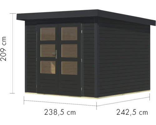 Gartenhaus aus Holz mit Doppeltür und den Maßen 238,5 x 242,5 x 209 cm
