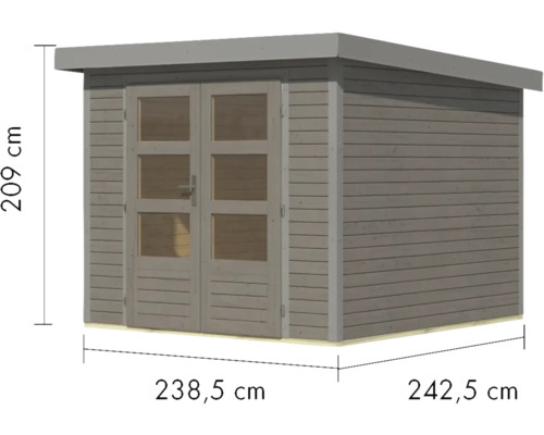 Gartenhaus aus Holz mit Doppeltür und den Maßen 238,5 x 242,5 x 209 cm