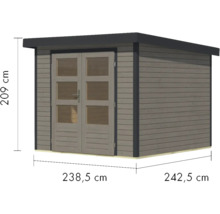 Holzgartenhaus mit Doppeltür und Maßangaben