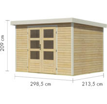 Gartenhaus aus Holz mit Maßen 209 cm Höhe, 298,5 cm Breite und 213,5 cm Tiefe