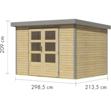 Gartenhaus aus Holz mit Doppeltür und Maßangaben 209 cm Höhe, 298,5 cm Breite und 213,5 cm Tiefe