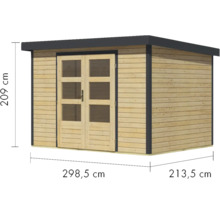 Gartenhaus aus Holz mit Doppeltür und den Maßen 209 cm Höhe, 298,5 cm Breite und 213,5 cm Tiefe.