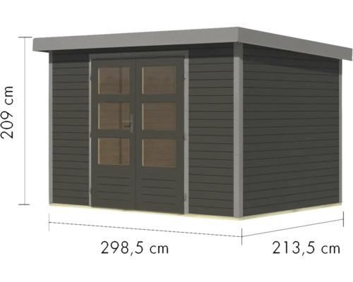 Abbildung eines Gartenhauses mit Abmessungen.
