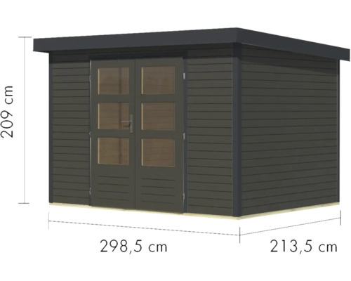 Gartenhaus mit Doppeltür und Massangaben zu Höhe, Breite und Tiefe.