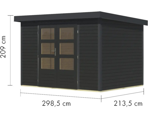 Schwarzes Gartenhaus mit Doppeltür und Massangaben