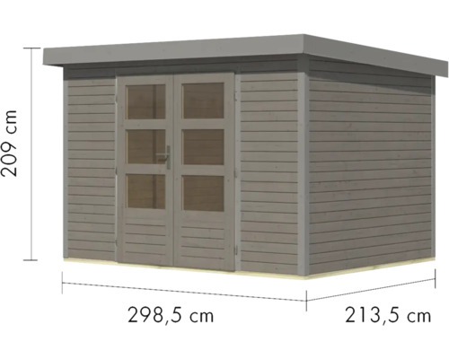 Gartenhaus mit den Massen 209 cm Höhe, 298,5 cm Breite und 213,5 cm Tiefe.