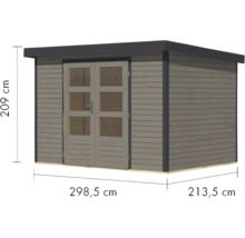 Gartenhaus aus Holz mit Doppeltür und den Maßen 298,5 mal 213,5 mal 209 Zentimeter