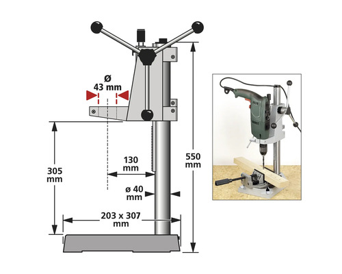 Image d''une perceuse avec des dimensions.