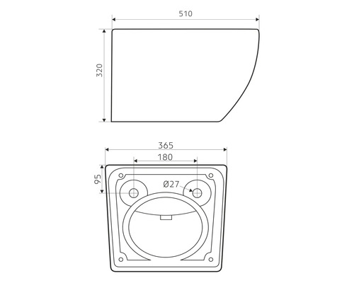Technische Zeichnung eines Wand-WCs mit Maßangaben