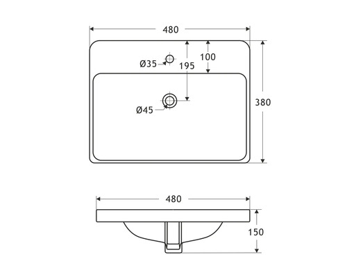 Dessin d''un lavabo avec indications de dimensions