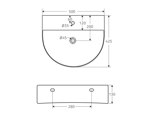 Schéma technique d''un lavabo avec dimensions