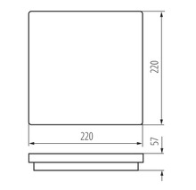 Technische Zeichnung eines quadratischen Produkts mit den Maßen 220 x 220 x 57 Millimeter