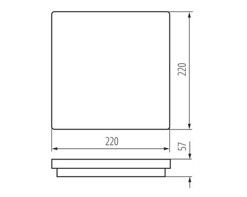 Technische Zeichnung eines quadratischen Produkts mit den Maßen 220 x 220 x 57 Millimeter