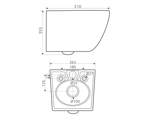 Technische Zeichnung eines Wand-WCs mit Massangaben
