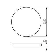 Technische Zeichnung eines Spiegels mit Durchmesser 220 mm und Tiefe 57 mm.