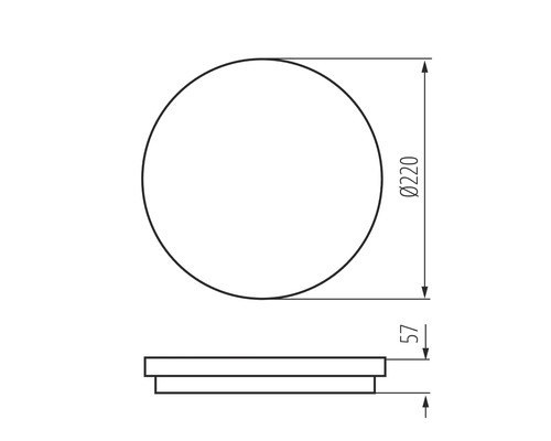 Technische Zeichnung eines Spiegels mit Durchmesser 220 mm und Tiefe 57 mm.