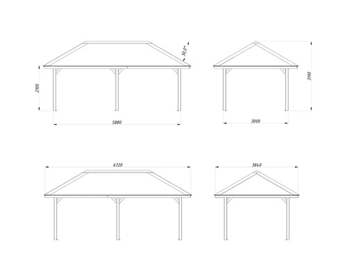 Schéma technique de différents pavillons avec dimensions