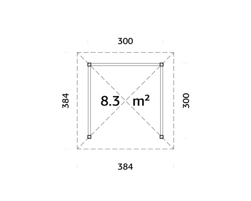 Plan avec dimensions 300 sur 300 et 384 sur 384 centimètres, surface 8,3 mètres carrés