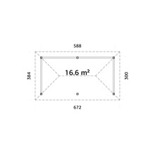 Plan avec des dimensions de 672 par 384 centimètres et une surface de 16,6 mètres carrés