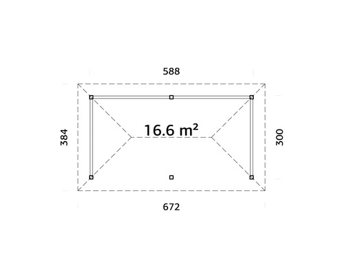 Plan d''un abri de jardin avec les dimensions 672 x 384 x 588 x 300 et une surface de 16.6 mètres carrés