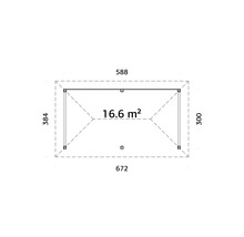 Plan avec dimensions 672 x 384 cm, surface 16.6 m²