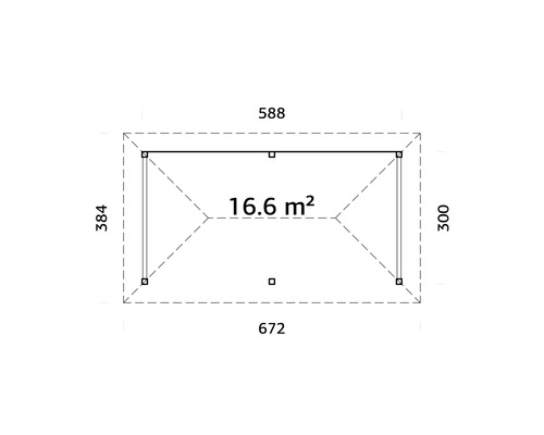 Plan avec dimensions 672 x 384 cm, surface 16.6 m²