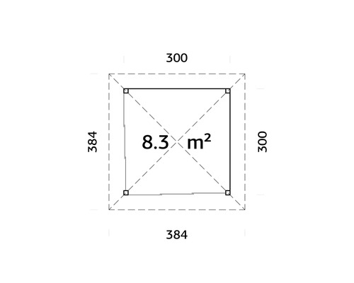 Plan avec les dimensions 300 sur 300 et 384 sur 384 et une superficie de 8,3 mètres carrés